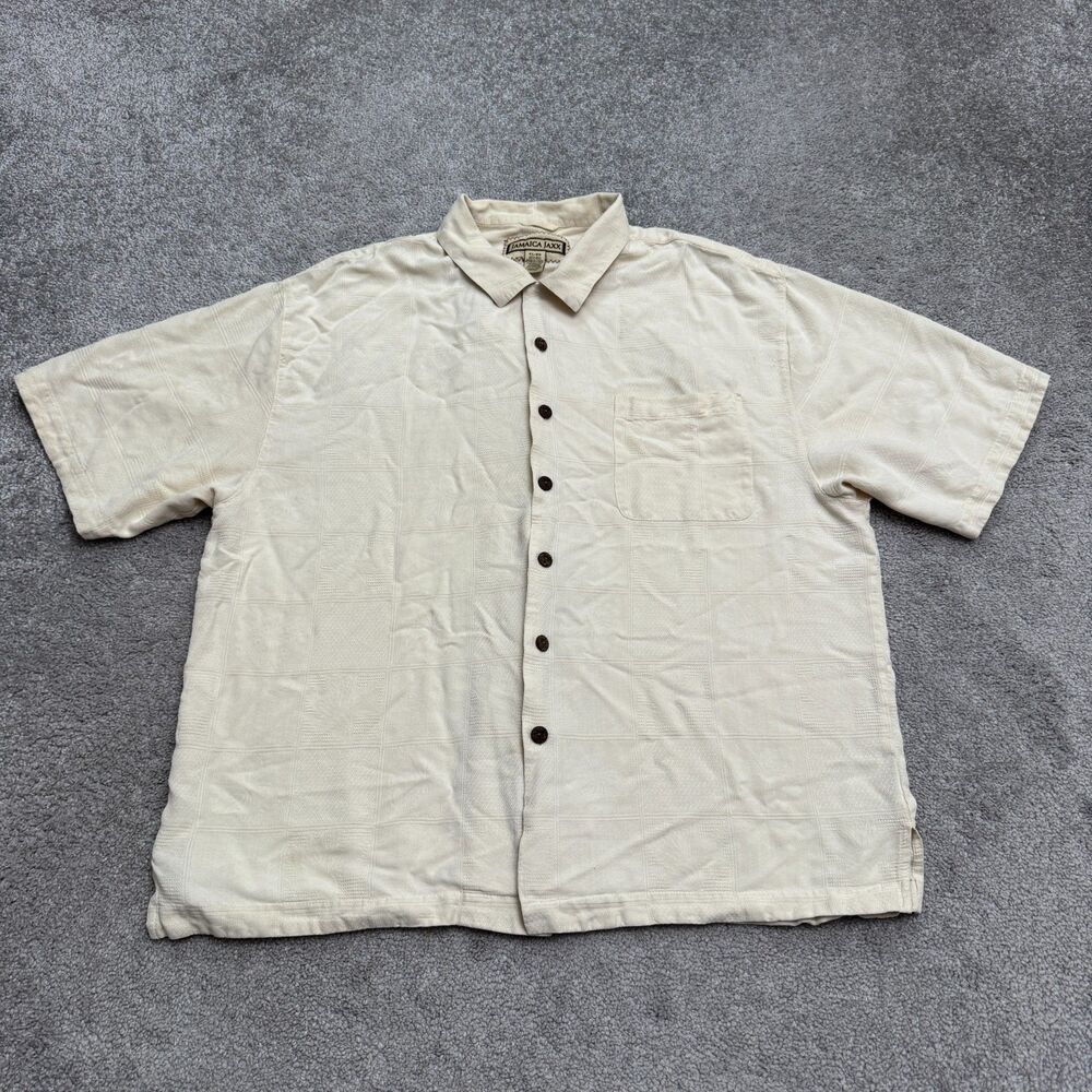 Jamaica Jaxx 100% Silk Camp Shirt Mens XL Beige Short Sleeve Button Up Aloha Top